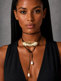 Patricia Night / 14K Gold plated Designer Couture Statement Necklace Feather Choker Topaz Pave Genuine Leather Pearl Lariat