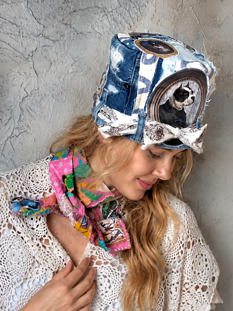 British Lord / Designer Top Hat Upcycled Raw Patch Dog Cameo Gold Frame Artisan Hat Artisan Hat Avant-Garde Sculptural Hat