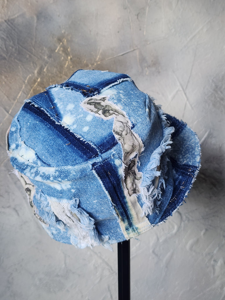 L'AZUR DE GURSON / Avant-Garde Top Hat Sculptured Designer French Garçon Cap Upcycled Blue Denim Raw Cut Patched