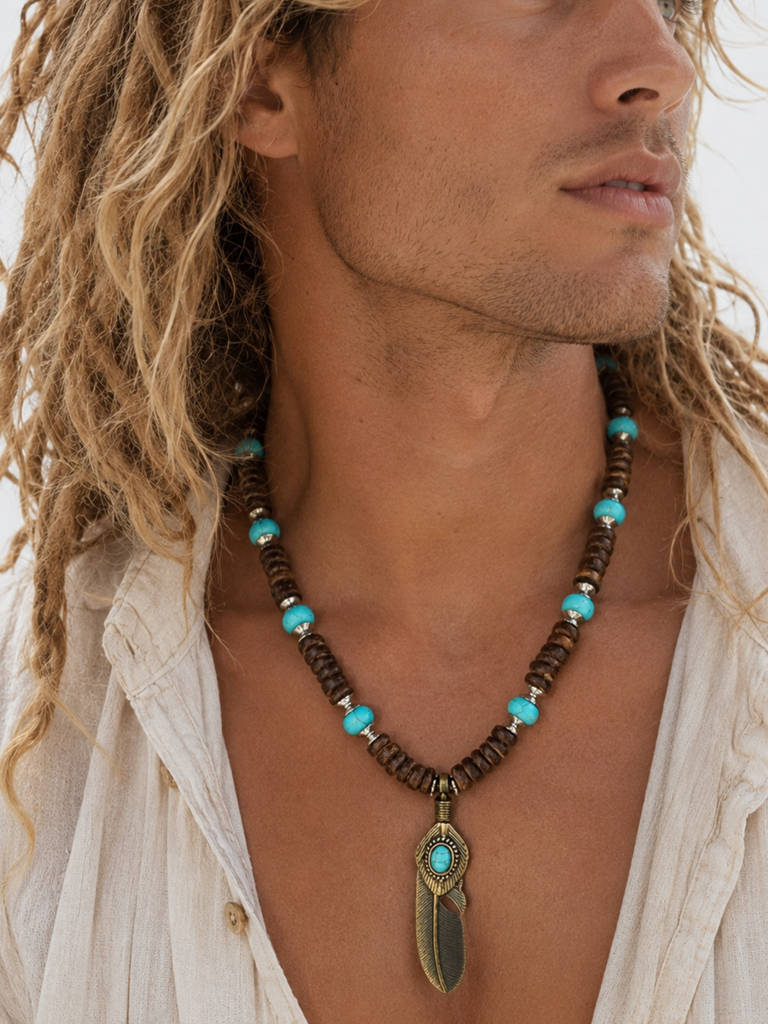 Bohemian Lover / Surf Choker Blue Stone Bronze Feather Unique Beaded Necklace for Men