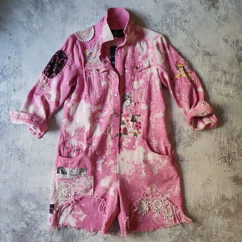 DOGS AND HEARTS / Designer Hot Pink Denim Jumpsuit Romper Unique Concept Wear Avangard Fashion Shabby Chic