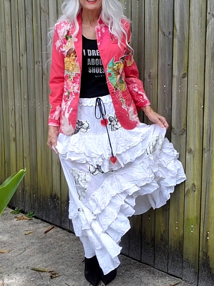 Southern Charm / Maxi Skirt Cotage Romantic Country Chic Patched ANGEL Aplique Red Heart Vintage European 100% Cotton