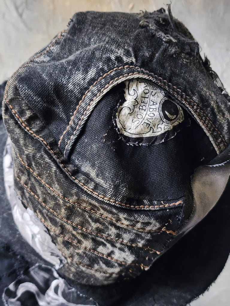 SAINT AND RELIC NUMBER 5 / AVANT-GARDE TOP HAT SKULL APLIQUE UPCYCLED BLACK DENIM SCULPTURED ARTISAN HAT