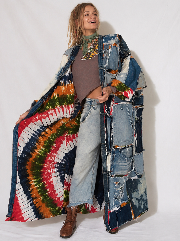 Marilyn Tattoo Shop / Boho Kimono Duster Upcycled Vintage Denim Concept Tatoo Marilyn Monroe Patchwork Avant-gardeKimono