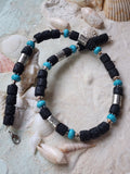 SURF / Large Surf Choker Natural Blue Stone Chrome Lava Unique Beaded Necklace for Men
