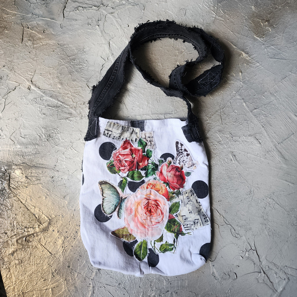 "Polka Polka Dot " / Boho Bag Red Rose Vintage Polkadot European Cotton Crossbody Designer appliqué logo