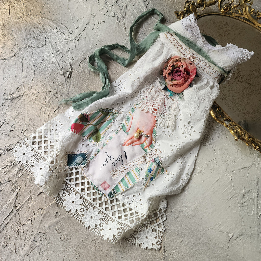 Cupid LOVE LETTERS / Collar Jabot Tie Upcycled Lace Pearl Crystal  Boho Vintage Bow Cottage Rose Edwardian Pink Magnolia Flower Pin