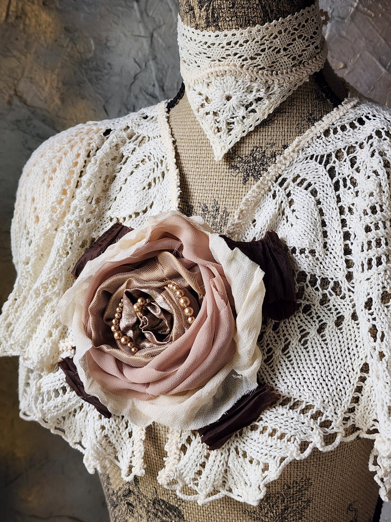 Comtesse La Fleur / Cottage Romantic Pelerine Shal Vintage Lace Large Silk Rose Flower Jabot Cotton Bowtie Tie Lace Choker