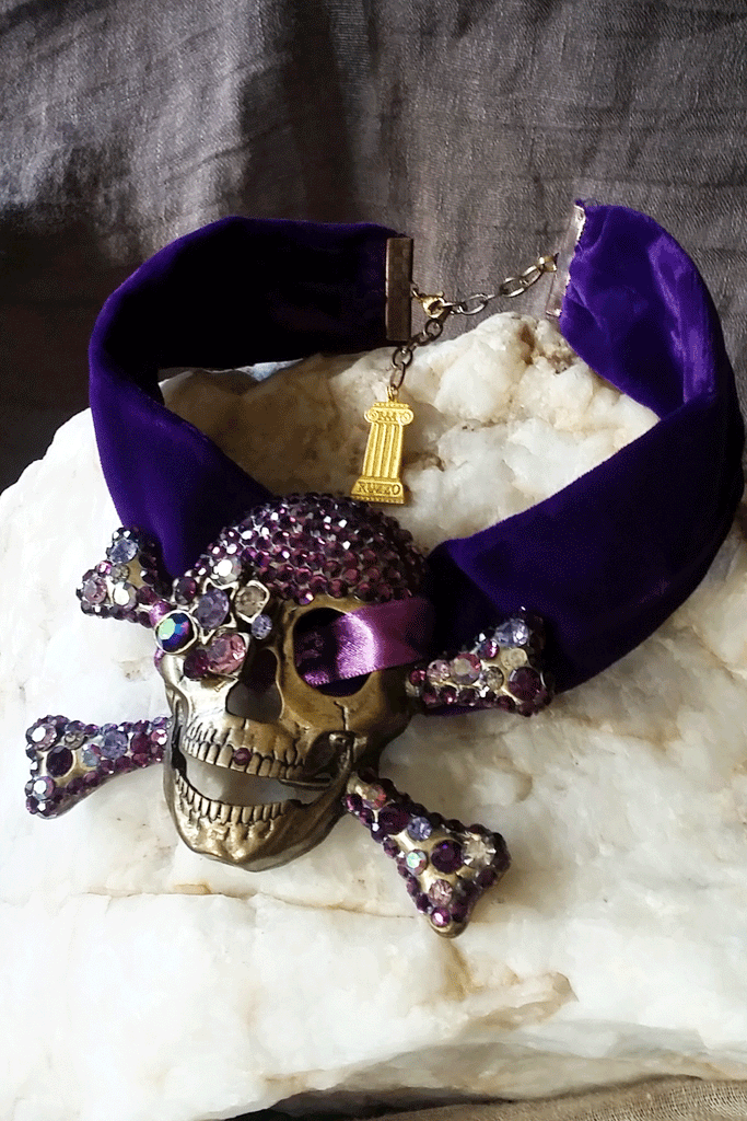 The Bones Keeper / Designer Necklace Purple Velvet Choker  Unique Choker Necklace Gold Scull Jewelry Necklace Gift for Her