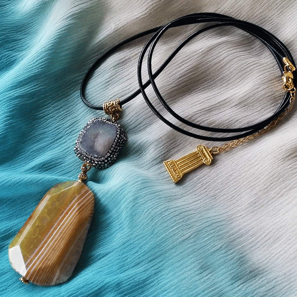 Rock Candy /  Artisan Boho Necklace Designer Jewelry Silver Pendant Natural Agate Stone Unique Long Necklace Jewelry Gift For Lady