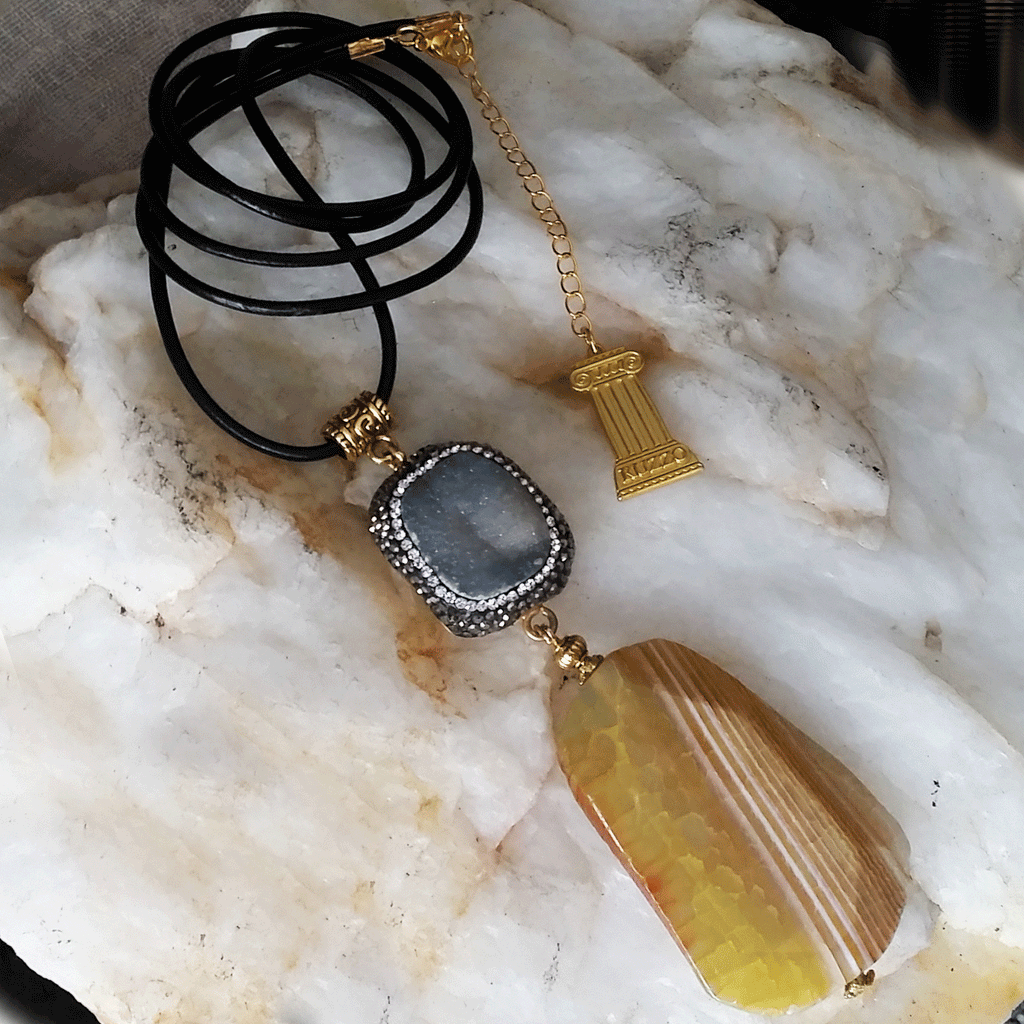 Rock Candy /  Artisan Boho Necklace Designer Jewelry Silver Pendant Natural Agate Stone Unique Long Necklace Jewelry Gift For Lady