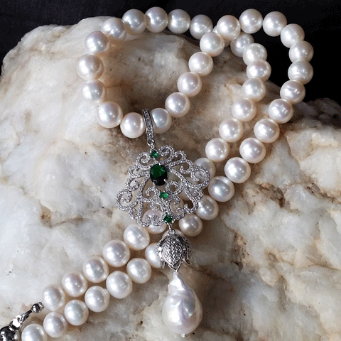 Eleganza /  Classic Pearls Silver Necklace For Women Pave Necklace Large Baroque Pearl Pendant Unique Pearls Jewelry Gift For Lady