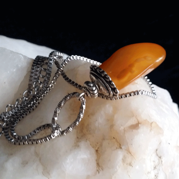 Honey Bunny / Designer Jewelry Raw Amber Stone Pendant Hypoallergenic Surgical Steel Necklace with Natural Amber Gift Momen