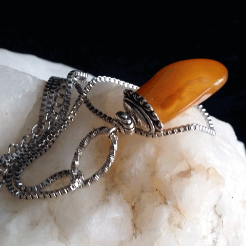 Honey Bunny / Designer Jewelry Raw Amber Stone Pendant Hypoallergenic Surgical Steel Necklace with Natural Amber Gift Momen