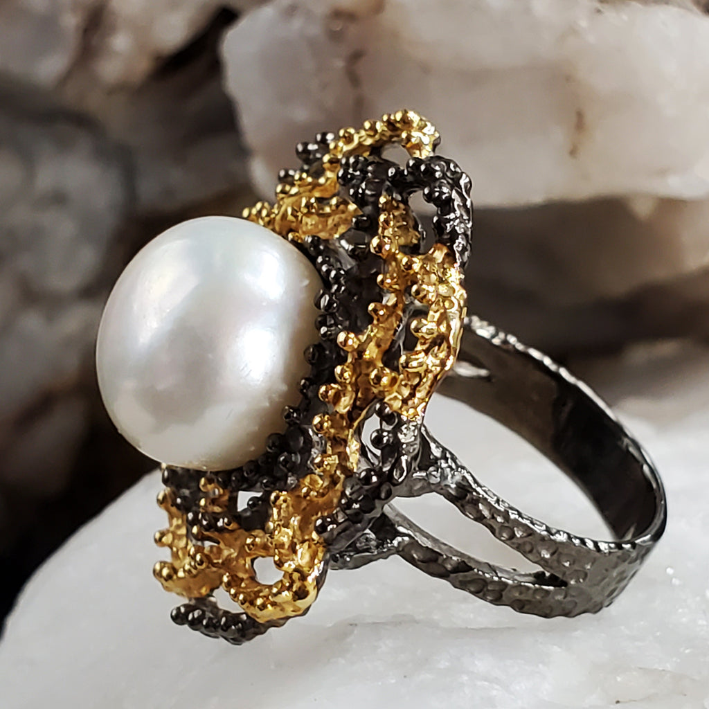 Athina / 7 / Designer Jewelry Natural Pearl Unique Ring Hypoallergenic Silver 925 Ring Gift for Momen