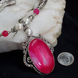 Happy Feelings / Designer Jewelry Silver Pendant Genuine Pink Agate Freshwater Pearls Necklace Boho Artisan Jewelry Gift for Lady