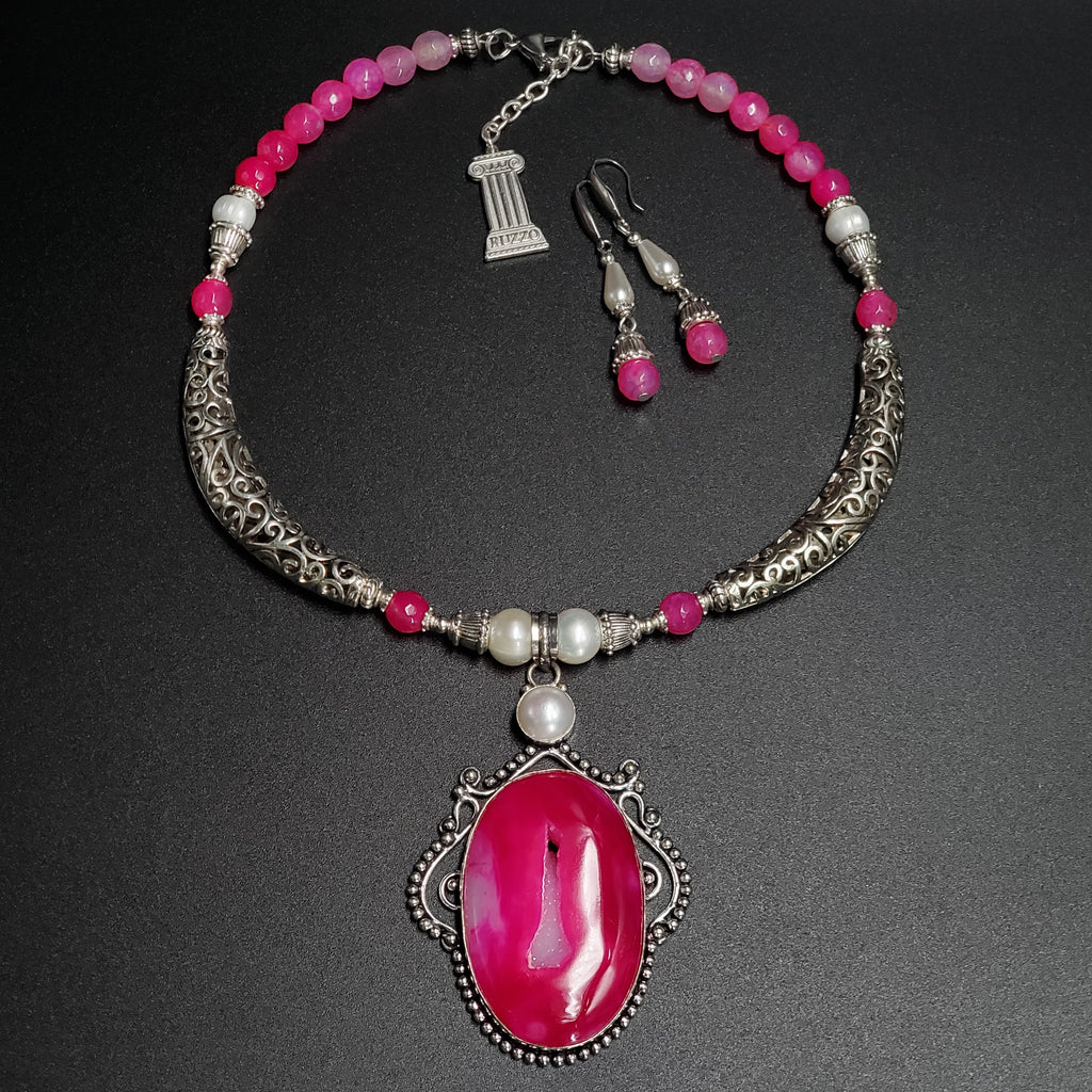 Happy Feelings / Designer Jewelry Silver Pendant Genuine Pink Agate Freshwater Pearls Necklace Boho Artisan Jewelry Gift for Lady